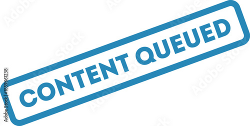 Blue rubber stamp style vector label representing content queued status for publishing workflow and social media moderation systems.