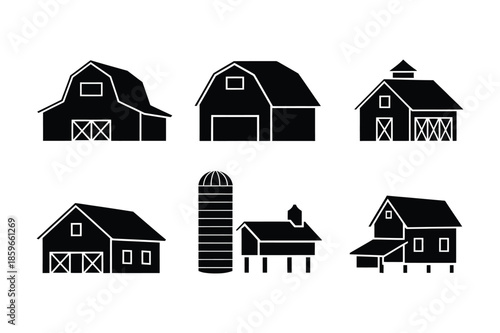 Farm barn and agricultural building silhouette icons