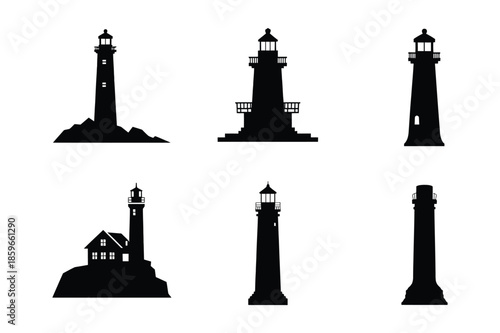 Lighthouse silhouette icons and coastal navigation symbols