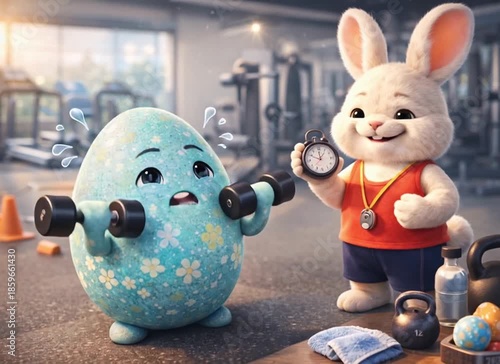 Funny 3D illustration of a bunny investor pitching a startup idea to Easter eggs wearing glasses in a modern office with a blank presentation board