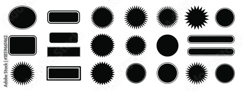 Black zigzag frames edge, circle sticker design, sale promotion labels, wavy decorative vector, isolated on white background illustration.