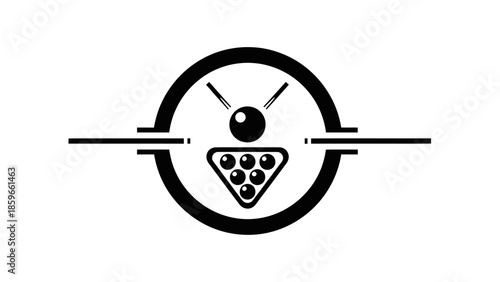 Billiard Pool Game Setup with Rack, Balls, Cue Stick in Target Circle, isolated white background