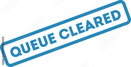 Blue rubber stamp vector label representing queue cleared status for publishing workflow, moderation systems and digital platforms.