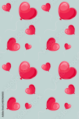 Vibrant cute seamless pattern with red  heart shaped baloons on blue background. Pattern for textile, fabric, posters, postcards, greeting cards, wrapping paper. Decorative ornament. Vector illustrati