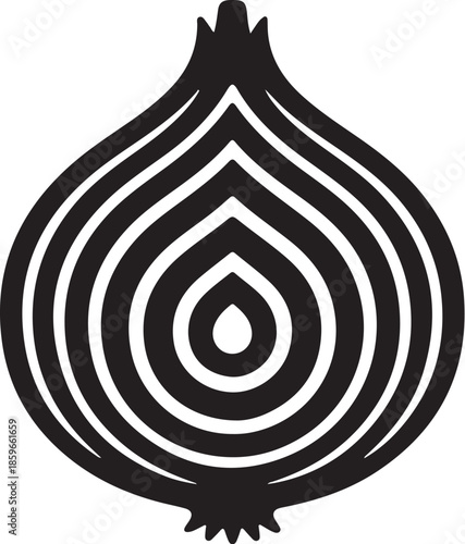  Black onion silhouette with internal layered ring cut lines, stylized but solid shape, bold minimal design, white background