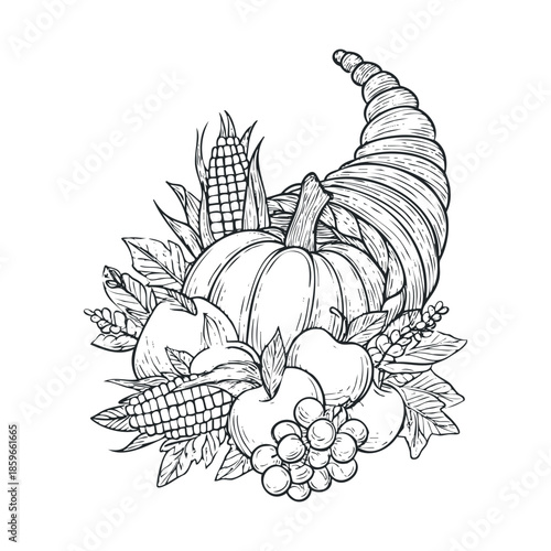 Thanksgiving cornucopia of autumn fruits and veggies. Vector black icon