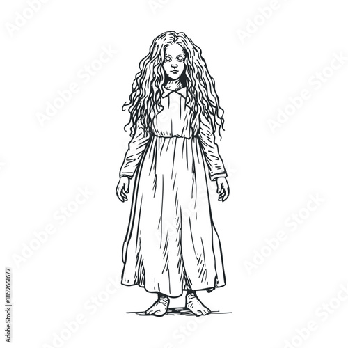 Girl in a vintage dress with long hair for horror theme design. Vector black icon