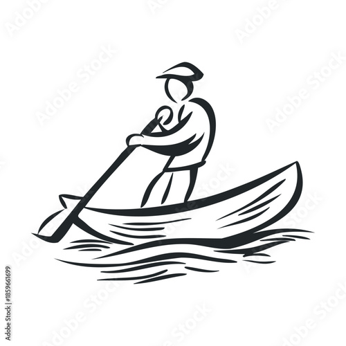Kayaking adventure on a tranquil waterway in nature. Vector black icon