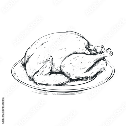Roast chicken on a serving plate for festive dinner gathering. Vector black icon