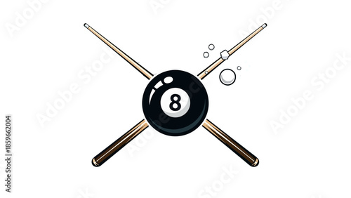 Iconic 8-ball with crossed pool cues and subtle bubbles, classic billiard equipment on isolated white background.