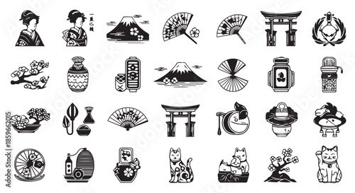 Black and white japanese icons with cultural symbols and traditional elements