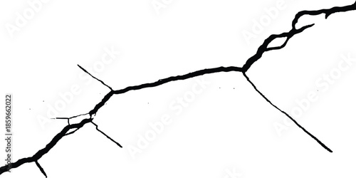 A single crack running across a white background with branching lines. Black and white graphic features a prominent crack pattern. A single jagged crack runs diagonally across a stark white background