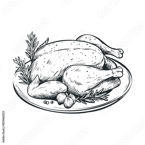 Delicious roasted chicken with herbs served on a platter. Vector black icon