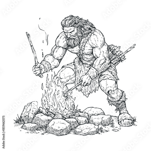 Caveman igniting fire in prehistoric setting for survival needs. Vector black icon