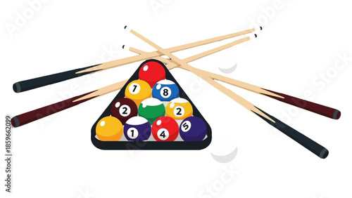 Colorful billiard pool balls racked in a triangle with multiple cue sticks, ready for a vibrant game on isolated white background.