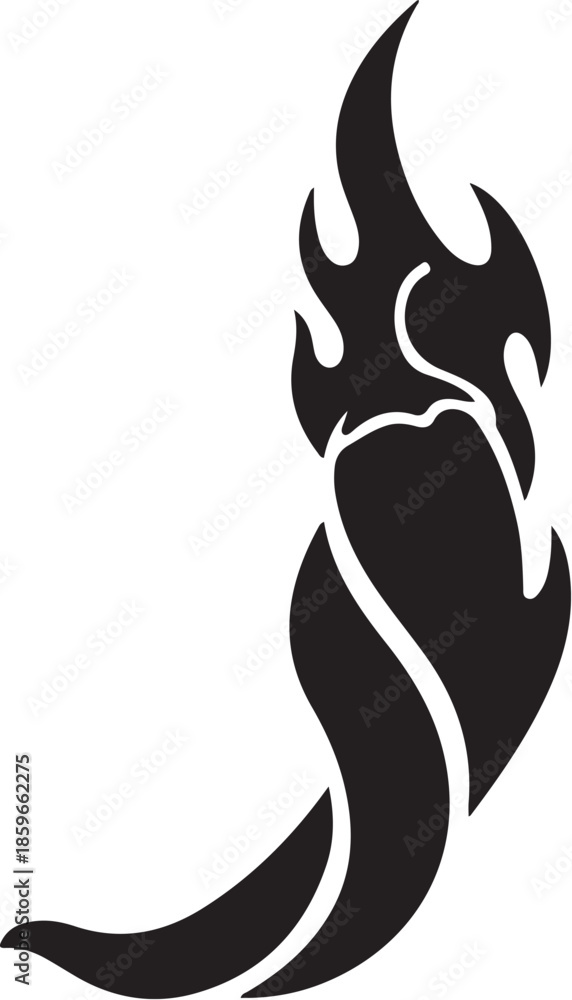Obraz premium Black chili pepper silhouette with dynamic flame-like curved shape, energetic minimal style, solid silhouette, white background