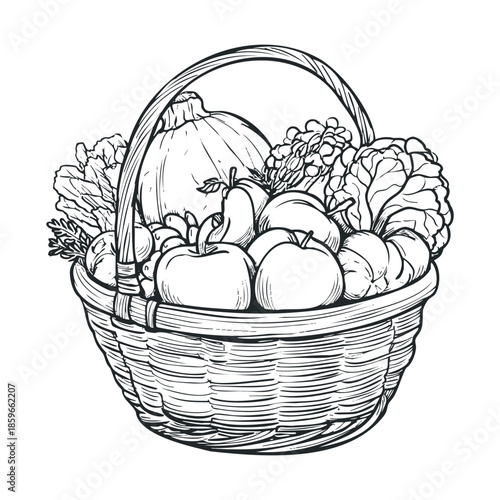 Summer basket of fresh fruits and veggies. Vector black icon