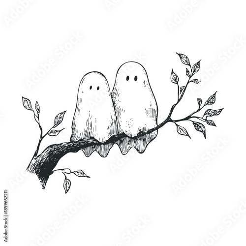 Cute ghosts perched on a branch surrounded by leaves. Vector black icon