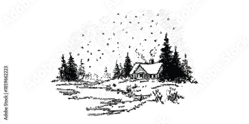 A black and white sketch of a peaceful winter landscape with a small cabin and falling snow