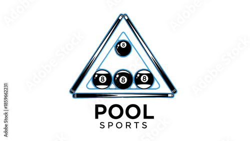 Pool sports emblem with an 8-ball triangle rack and cue balls, ready for a game on isolated white background.