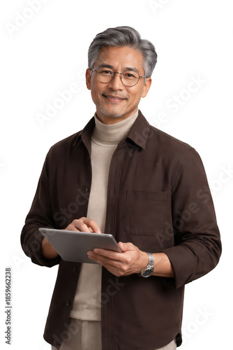 Smiling man holding tablet on transparent background, smart casual outfit with glasses, professional male portrait cutout for web design and marketing
