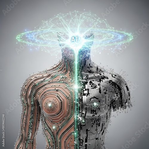 Humanoid robot with AI circuitry and glowing neural network