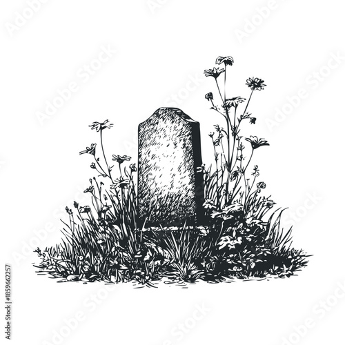 Old gravestone surrounded by wildflowers and tall grass in nature. Vector black icon