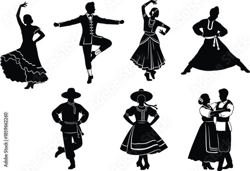 Silhouette of folk dancers in traditional costumes, black figures in expressive poses, cultural celebration, regional attire, heritage movement