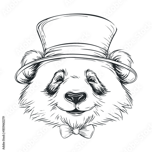 Charming panda wearing a hat and bowtie for playful design. Vector black icon