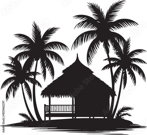 Tropical island hut with palm trees silhouette, serene beach scene with thatched roof hut and palm trees, peaceful vacation background