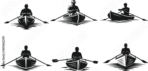 Silhouette of people rowing boats, black figures in motion, water activity, traditional transport, solitude, travel, outdoor lifestyle, symmetry