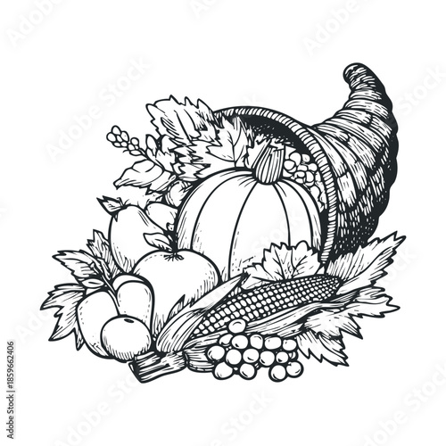 Cornucopia filled with autumn harvest fruits and vegetables. Vector black icon