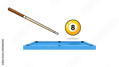 Pool game setup with an 8-ball, cue stick, and blue billiard table, ready for play on isolated white background.