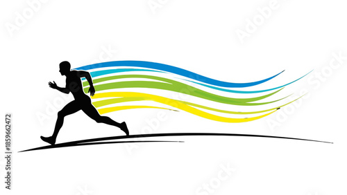 Energetic male runner silhouette sprinting with dynamic colorful speed lines, motion blur effect on isolated white background.