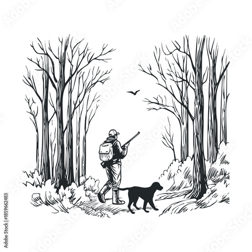 Hunter walking in a forest with a dog on a nature trail. Vector black icon