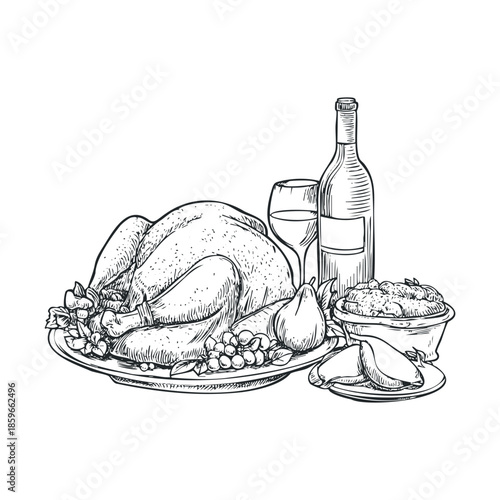 Festive dinner with roasted turkey, wine, and seasonal sides. Vector black icon