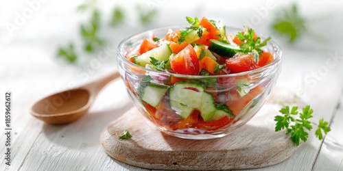 Fresh and vibrant tomato and cucumber salad in a glass bowl