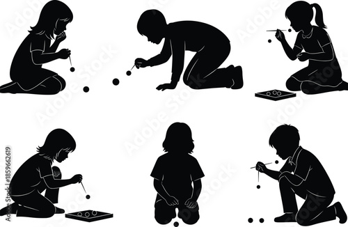 Silhouette of children doing science experiments, black figures with pendulums and spheres, educational activity, physics learning, hands-on study