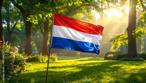 Netherlands flag waving in a sun-drenched green park, with dappled light filtering through trees