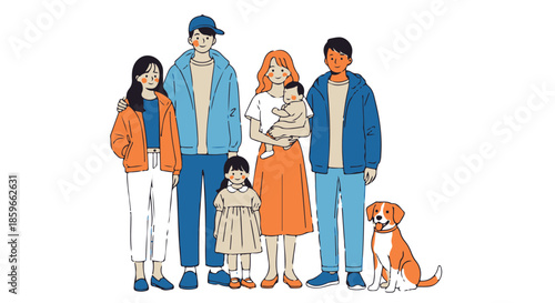 Family portrait in casual clothing with children and pets in bright background japanese style coming of age day concept