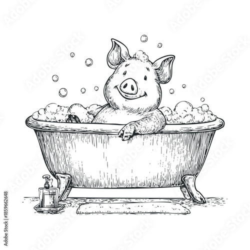 Happy pig enjoying a bath surrounded by bubbles in a tub. Vector black icon