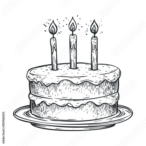 Celebration cake with three candles for a birthday party. Vector black icon