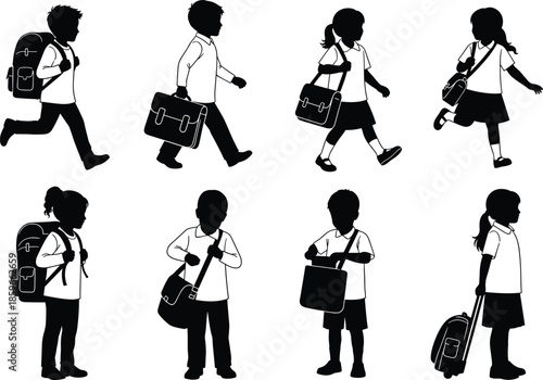 Silhouette of school children with various bags, black figures walking and standing, educational gear, student diversity, uniformed kids
