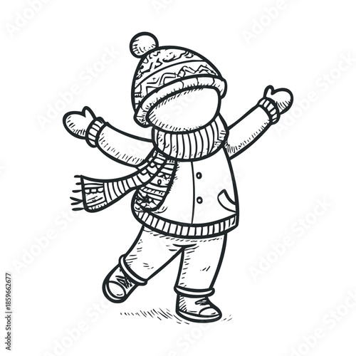 Joyful winter celebration with a child in cozy attire and hat. Vector black icon