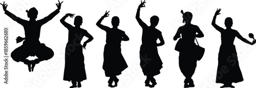 Silhouette of classical dancers in expressive poses, black figures performing traditional Indian dance, cultural art, graceful movement, heritage