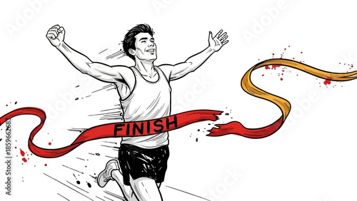 Joyful male runner celebrating victory crossing the finish line tape, triumphant moment with dynamic splash effect in bright studio.