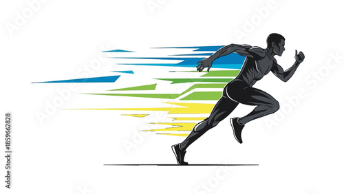 Dynamic male sprinter running fast with colorful speed lines, energetic motion graphic on isolated white background.
