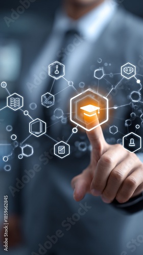 Innovative digital learning platform connecting knowledge, technology, and education through interactive virtual interface and interconnected hexagonal icons