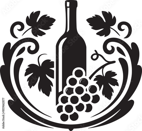 Black silhouette of wine bottle with grapes and leaves on white background for beverage branding and advertising