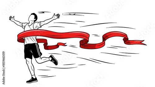 Determined Male Runner Crossing Finish Line with Red Ribbon on Isolated White Background